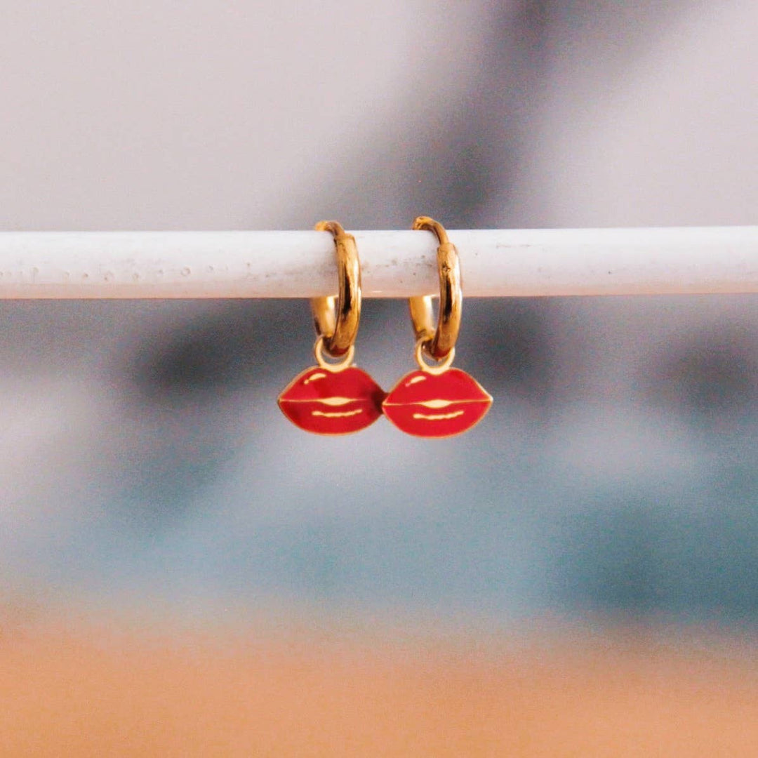 Gold Red Lip Huggie Earrings