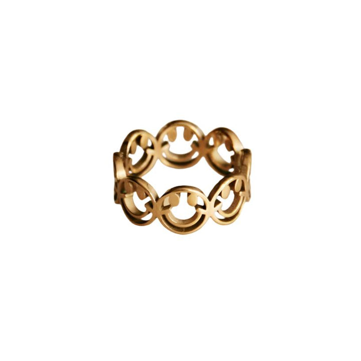 Stainless steel statement smiley face ring - gold (size 8)