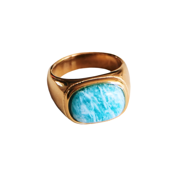 Steel solid ring with natural stone - mint green/gold